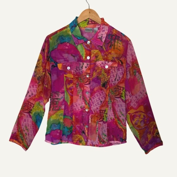 Chico's Jackets & Blazers - Chico's Women Medium 100% Silk Shirt Sheer Pink Multicolor Art To Wear Top⁠